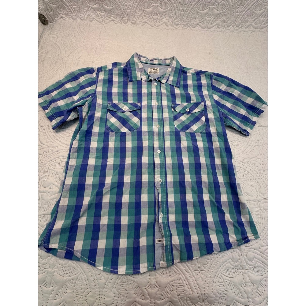 PD&C Mens XL Blue Teal Plaid Short Sleeve Button Down Cotton Shirt PN9REG51